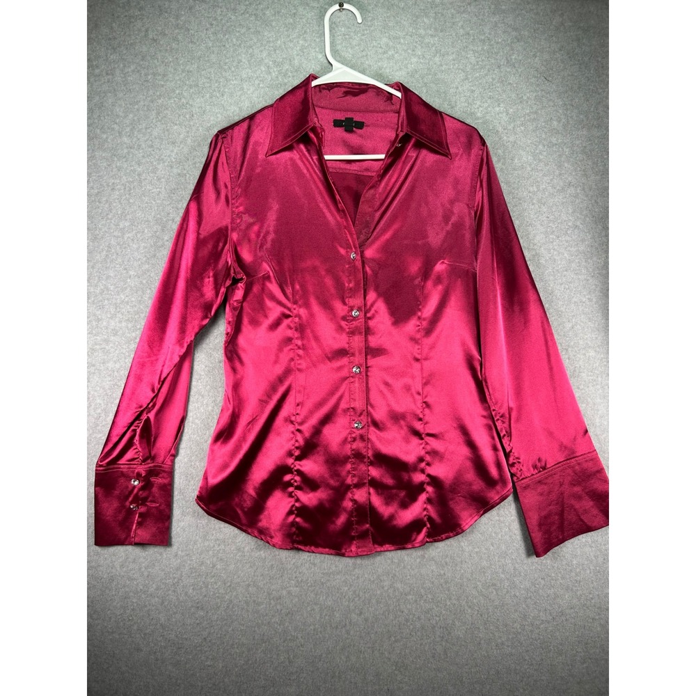 Sele Fuchsia Pink Satin Button Down Blouse Wide French Cuffs Small GBX44271